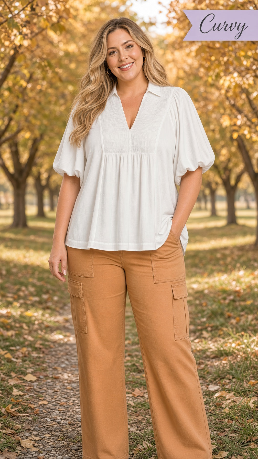 Umgee Plus Smocked-Yoke Bubble-Sleeve Top – Off White
