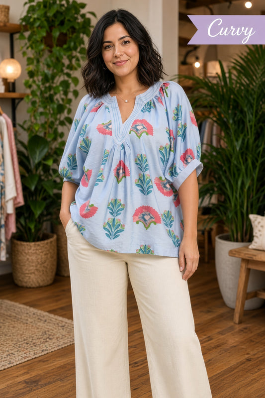 Umgee Plus Abstract Print Puff-Sleeve V-Neck Top – Lt Blue
