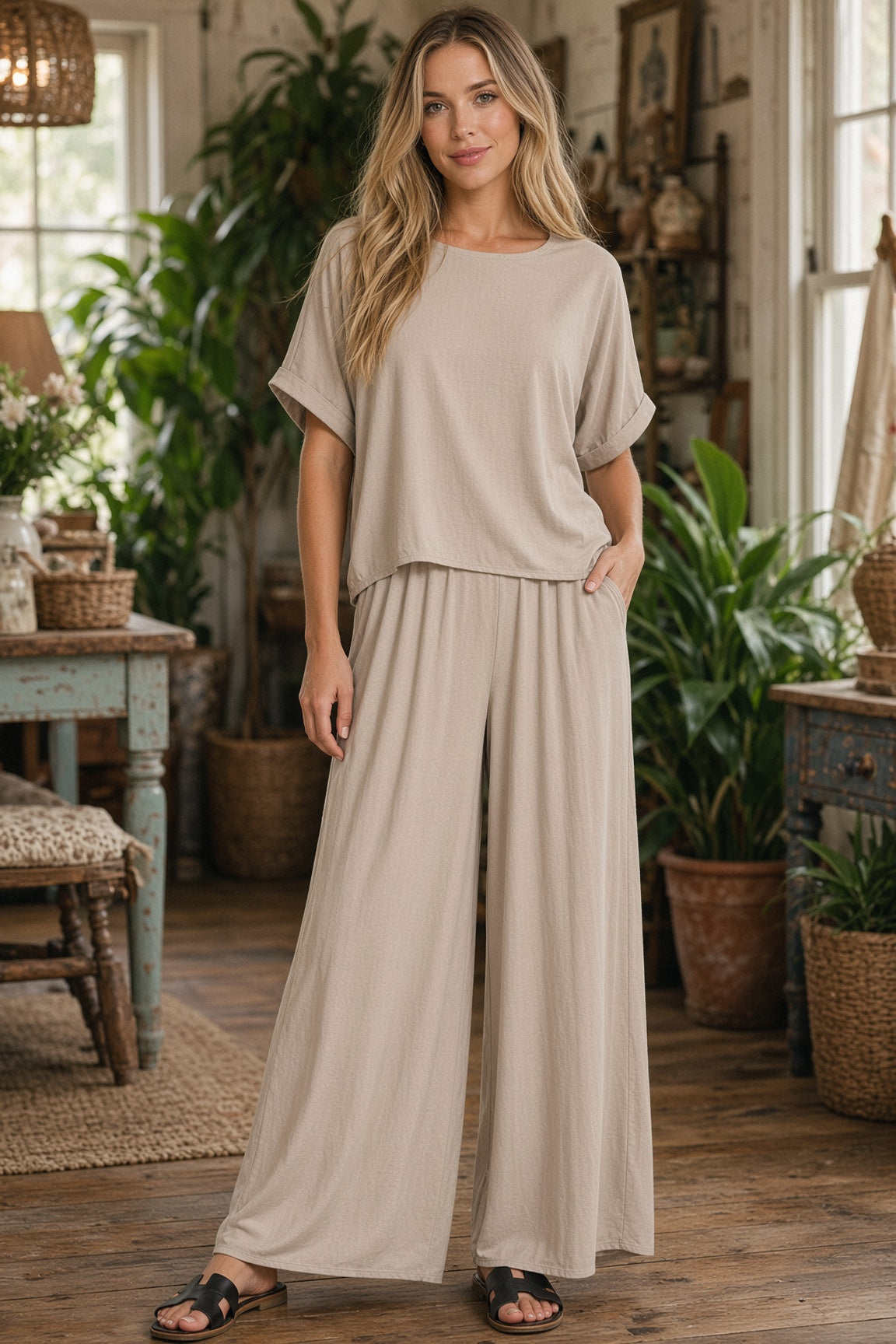 Zenana Woven Short Sleeve & Long Pants Set — Ash Mocha