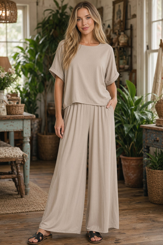 Zenana Woven Short Sleeve & Long Pants Set — Ash Mocha