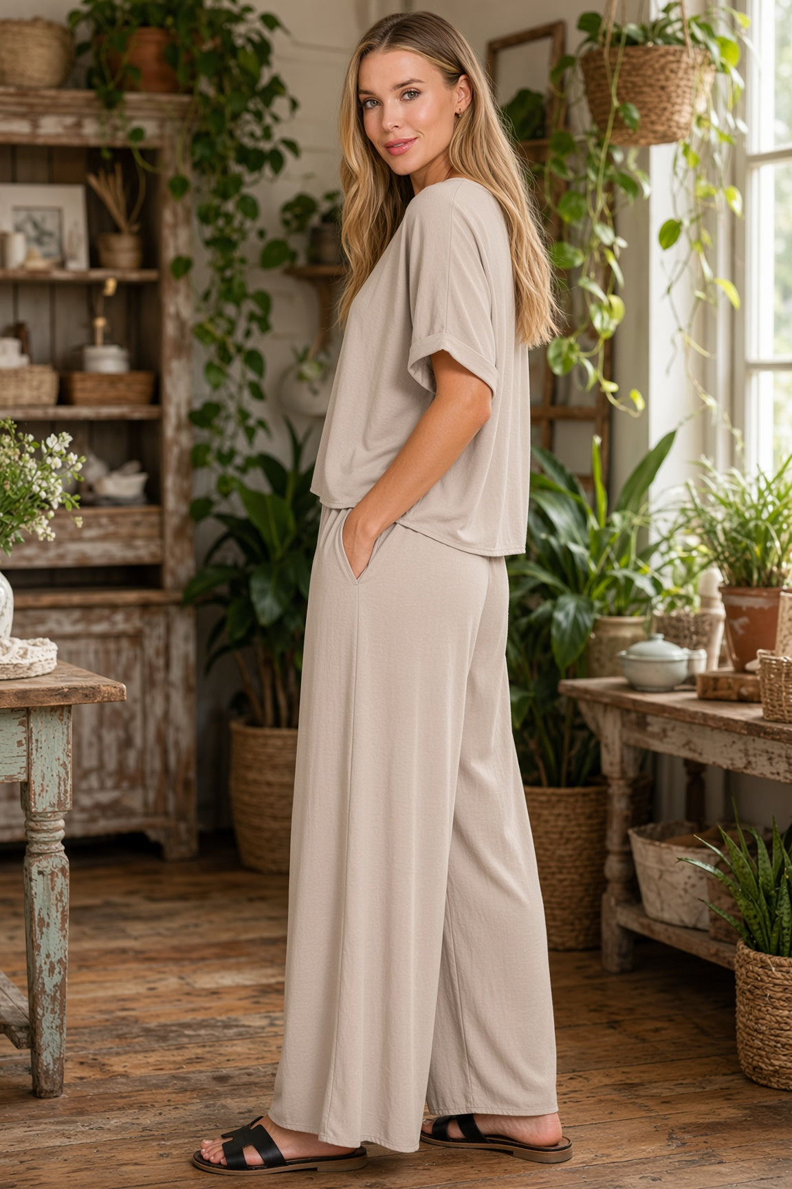 Zenana Woven Short Sleeve & Long Pants Set — Ash Mocha