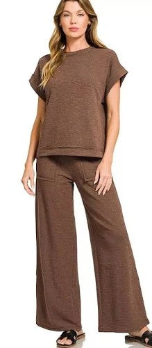 Zenana Washed Slub Short Sleeve Tee & Long Pants Set — Chocolate