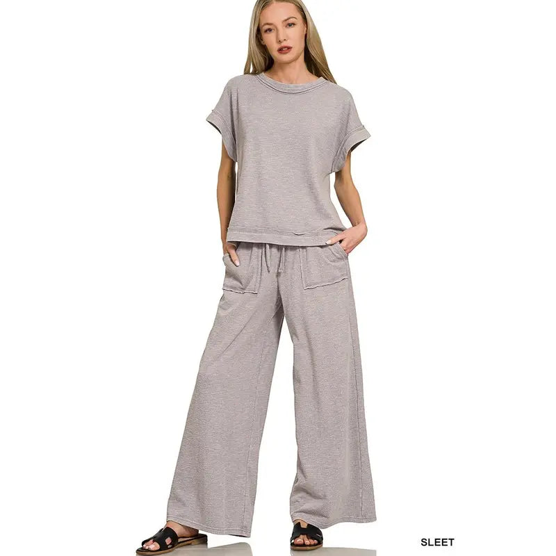 Zenana Washed Slub Short Sleeve Tee & Long Pants Set — Sleet