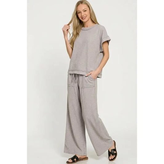 Zenana Washed Slub Short Sleeve Tee & Long Pants Set — Sleet