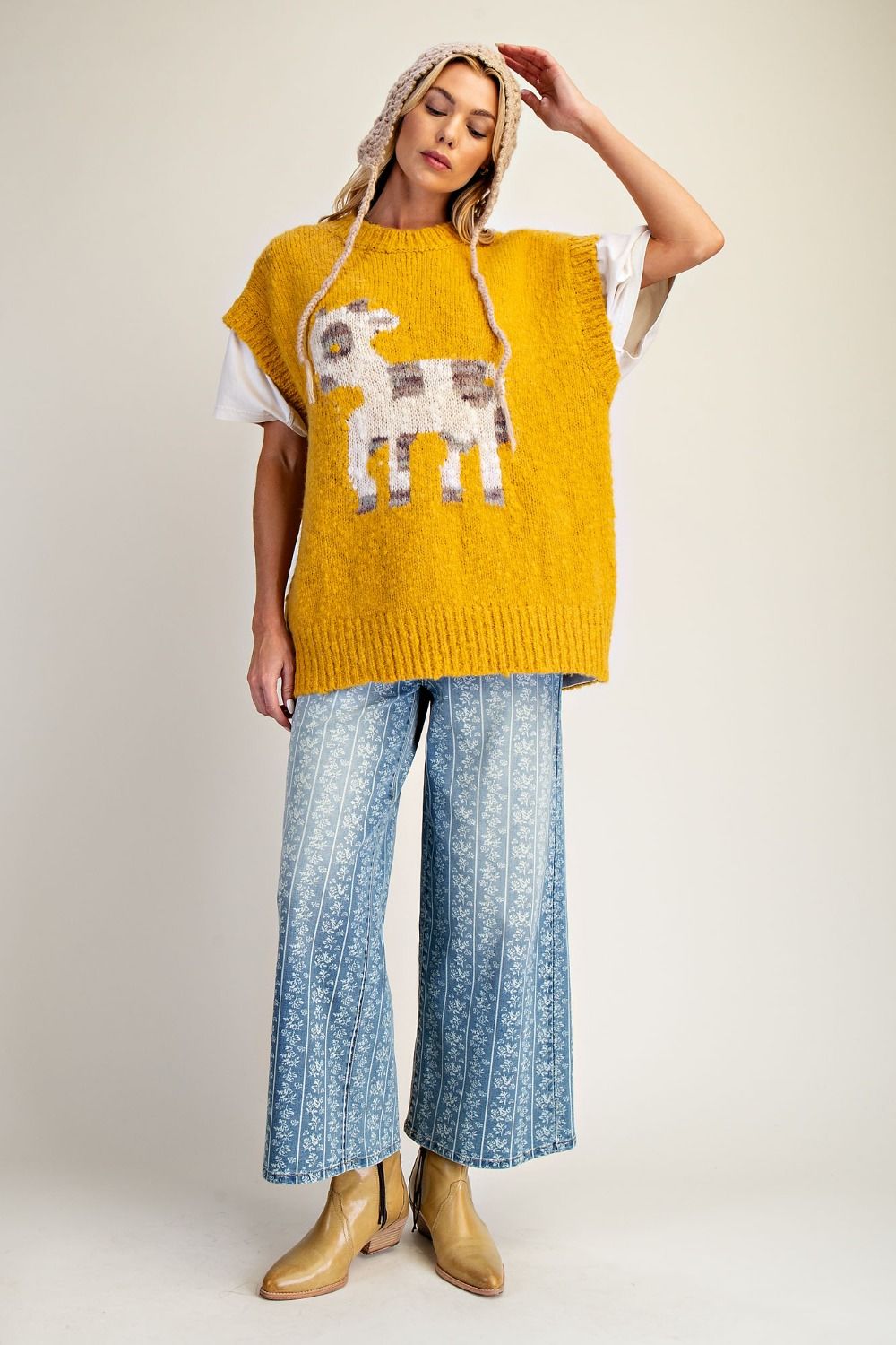Easel Goat-Pattern Oversized Knit Sweater Vest – Mustard